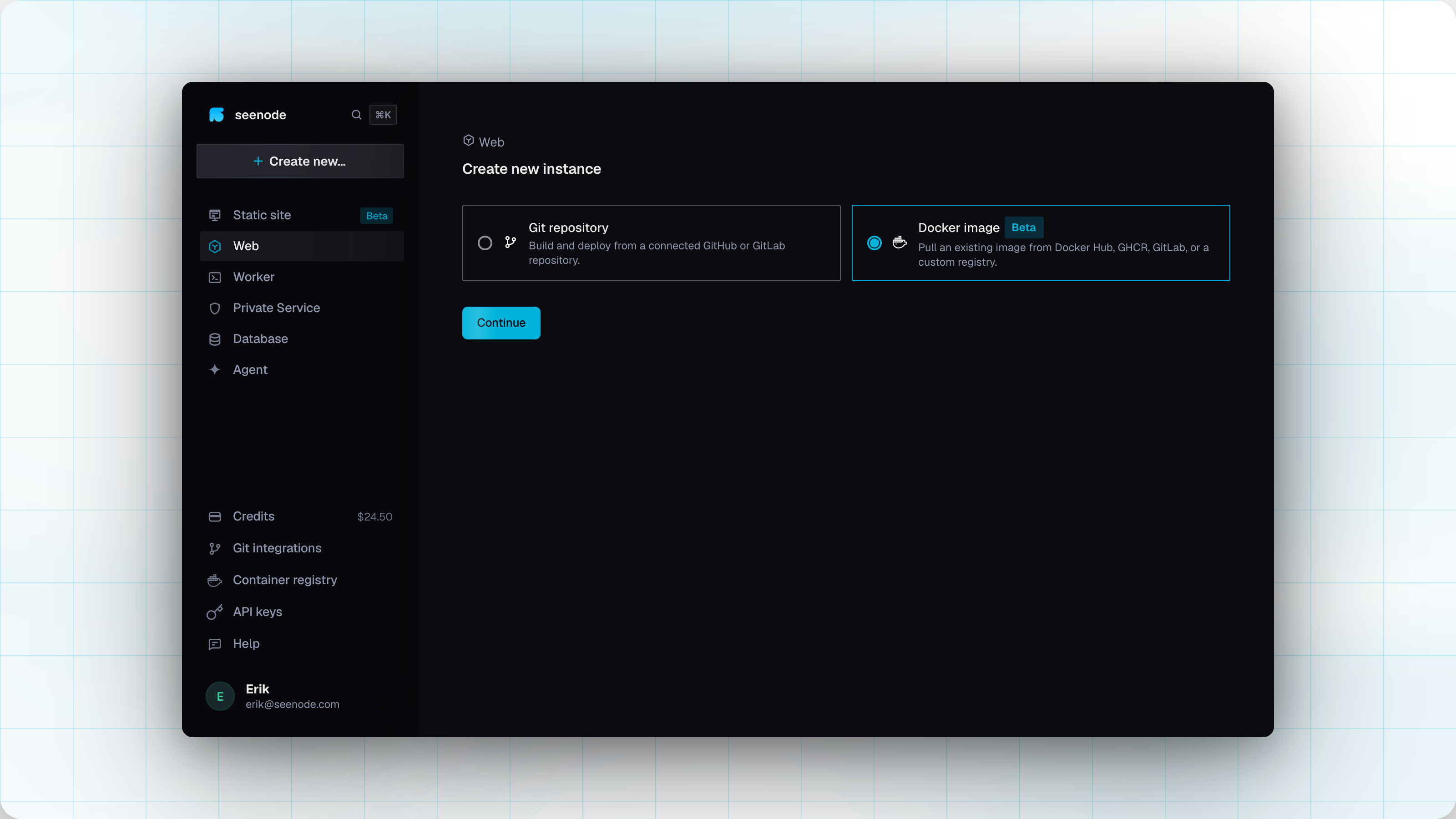 Create application source choice with Docker image selected
