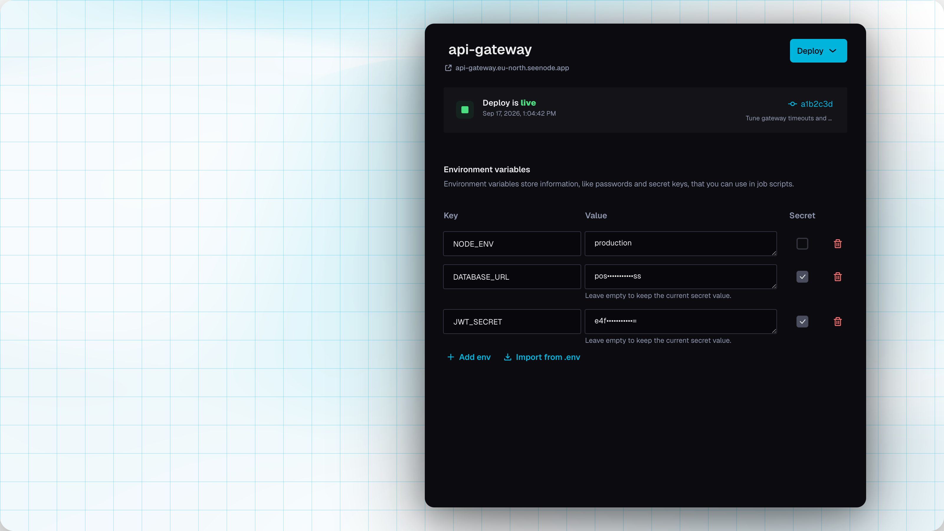 Environment variables inline editor with Secret checkboxes and Import from .env