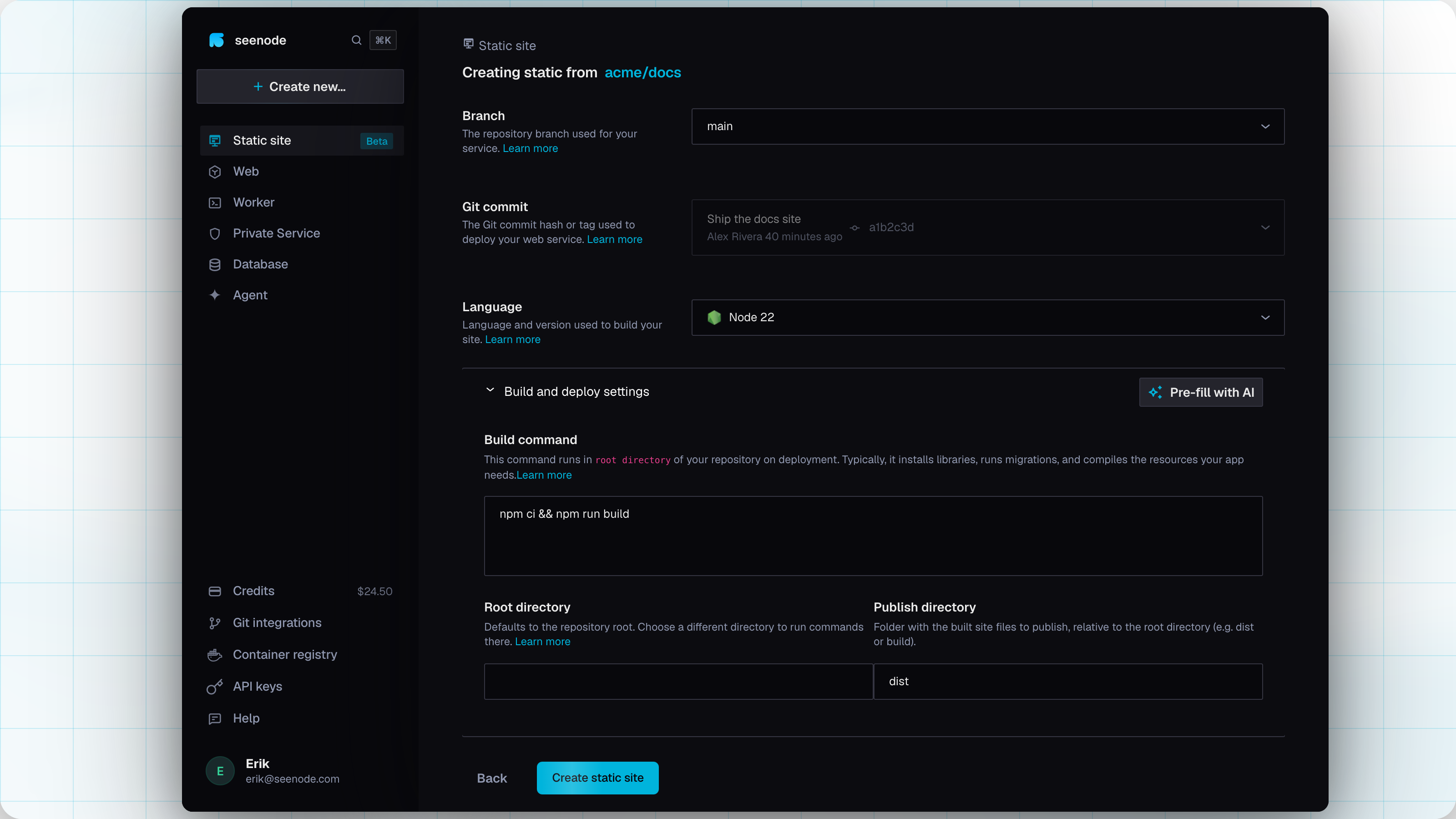 Create a static site from a Git repo with language, build command, and publish directory