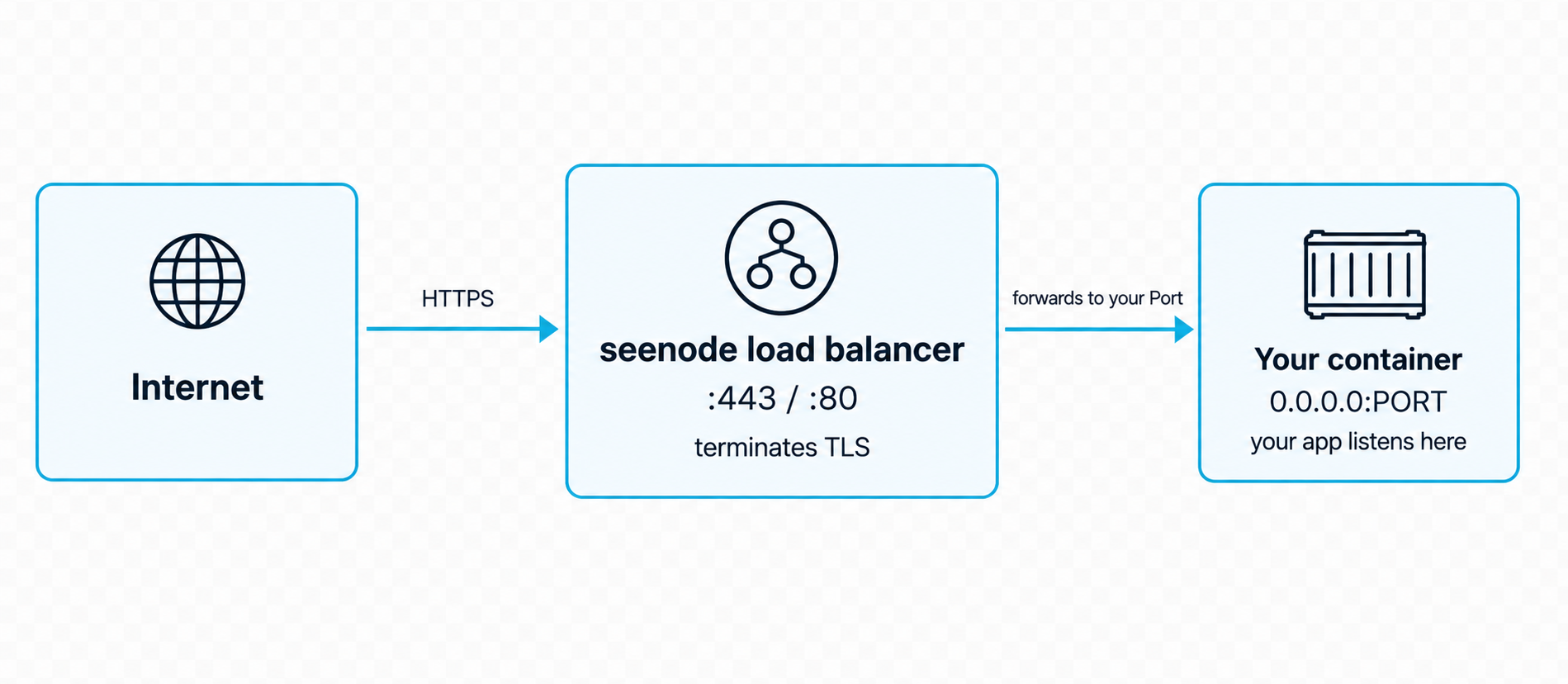 Internet traffic flows over HTTPS to the seenode load balancer on ports 443 and 80, then forwards to your container on 0.0.0.0:PORT.