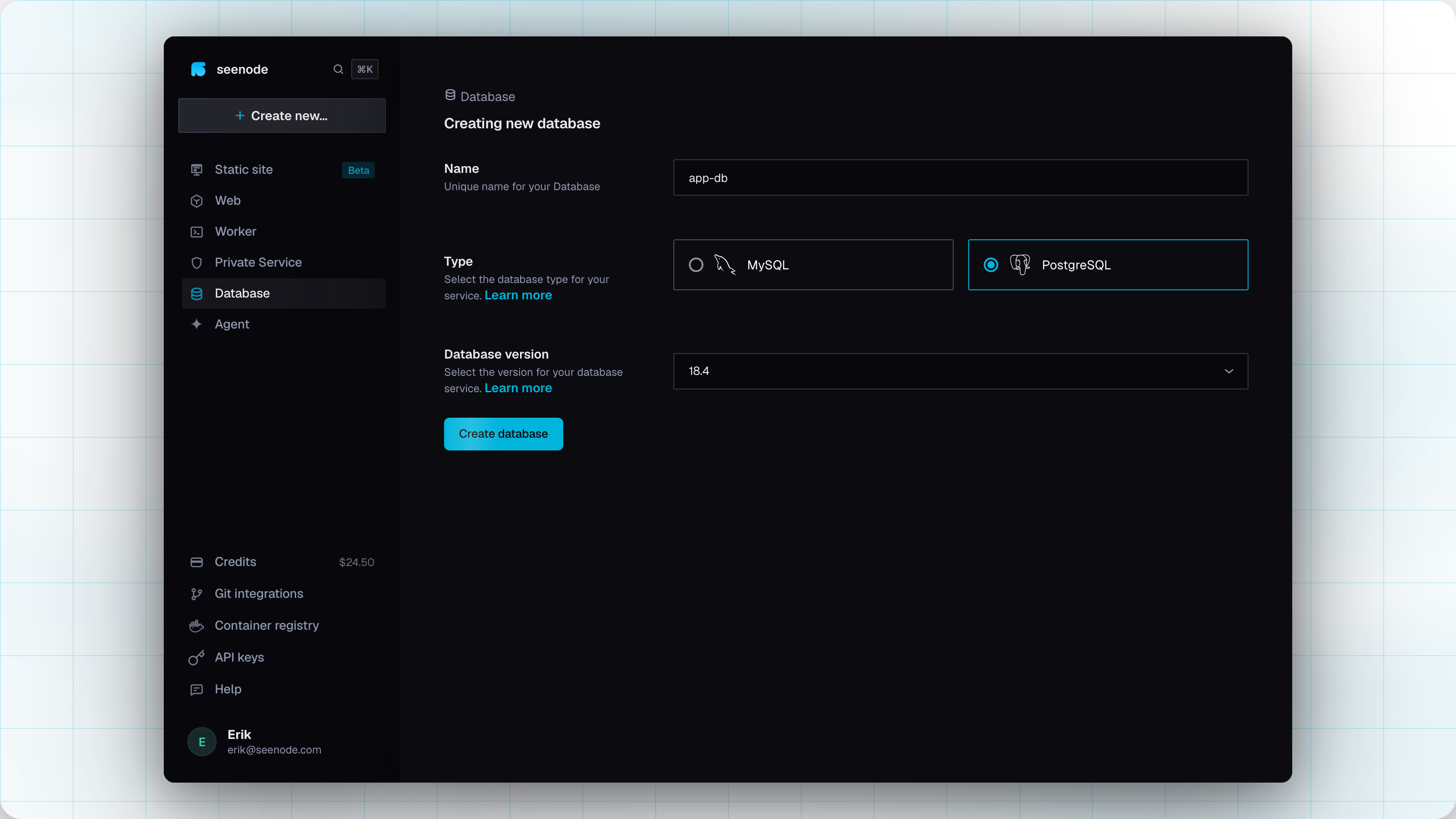 The create database form with PostgreSQL selected