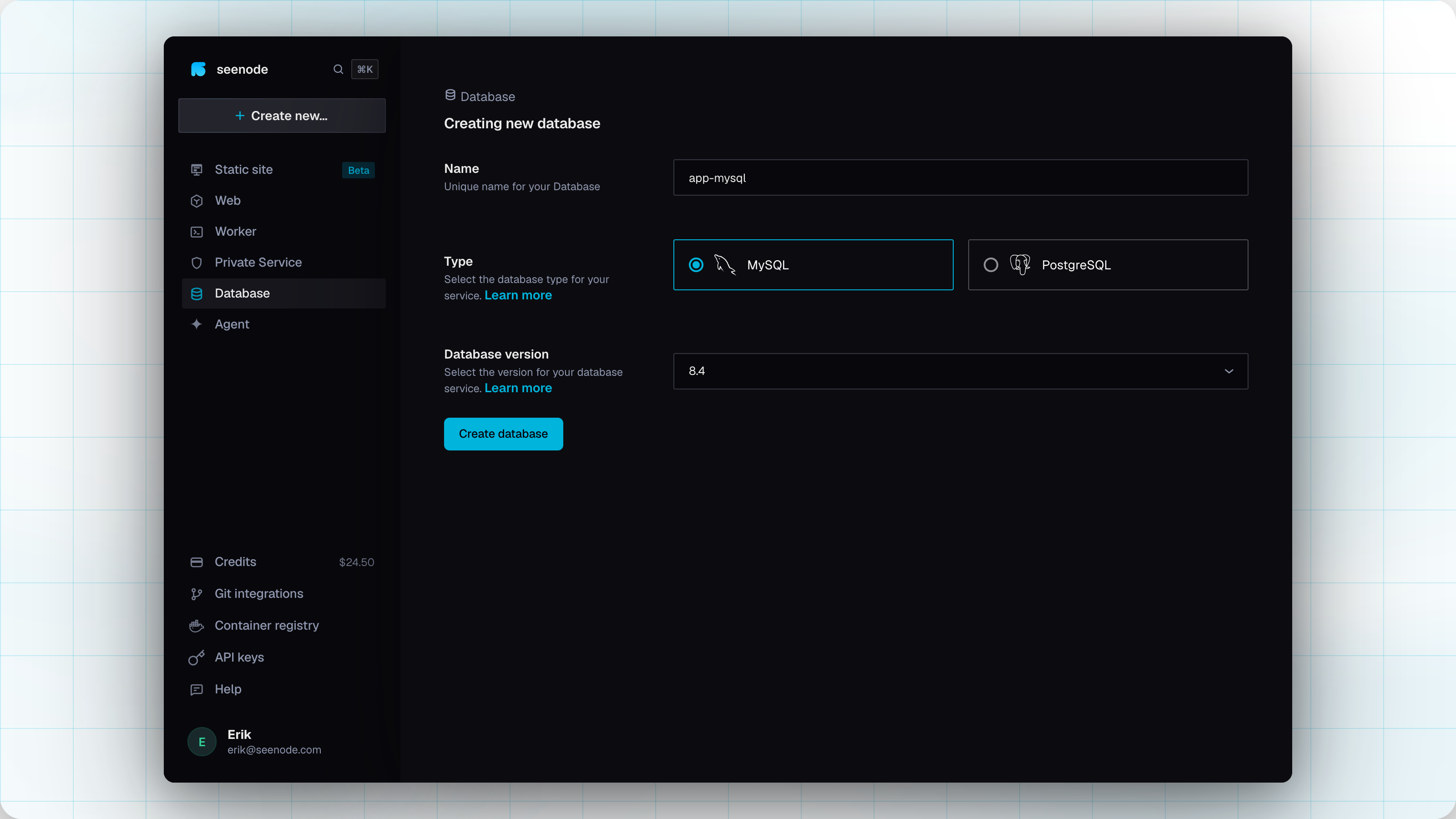 The create database form with MySQL selected