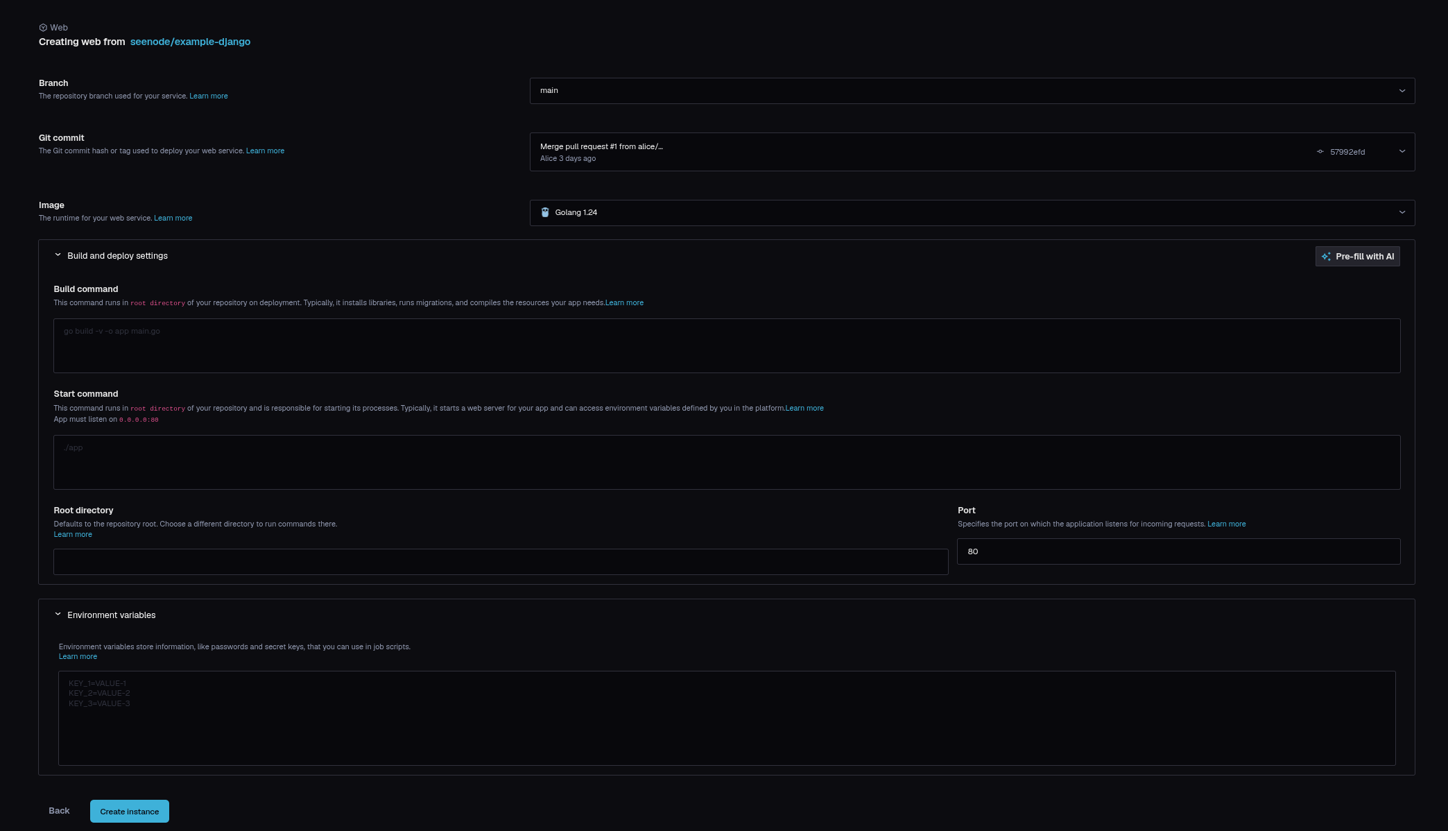 The web-service configuration screen: runtime Image, Build and Start commands, and the Port field