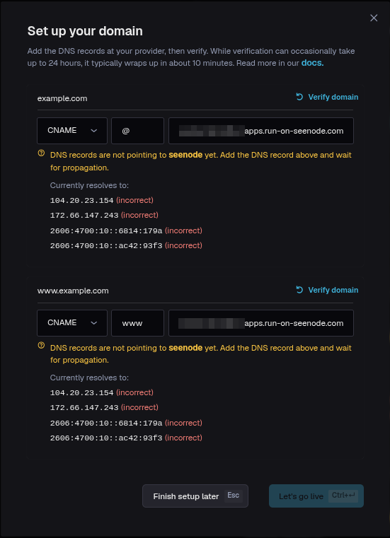 The DNS records seenode generates: a CNAME for the apex and for www
