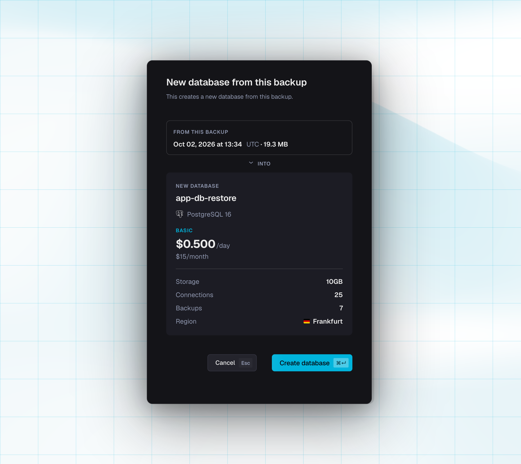 New database from this backup, with the source backup and the new database name, engine, plan, and region