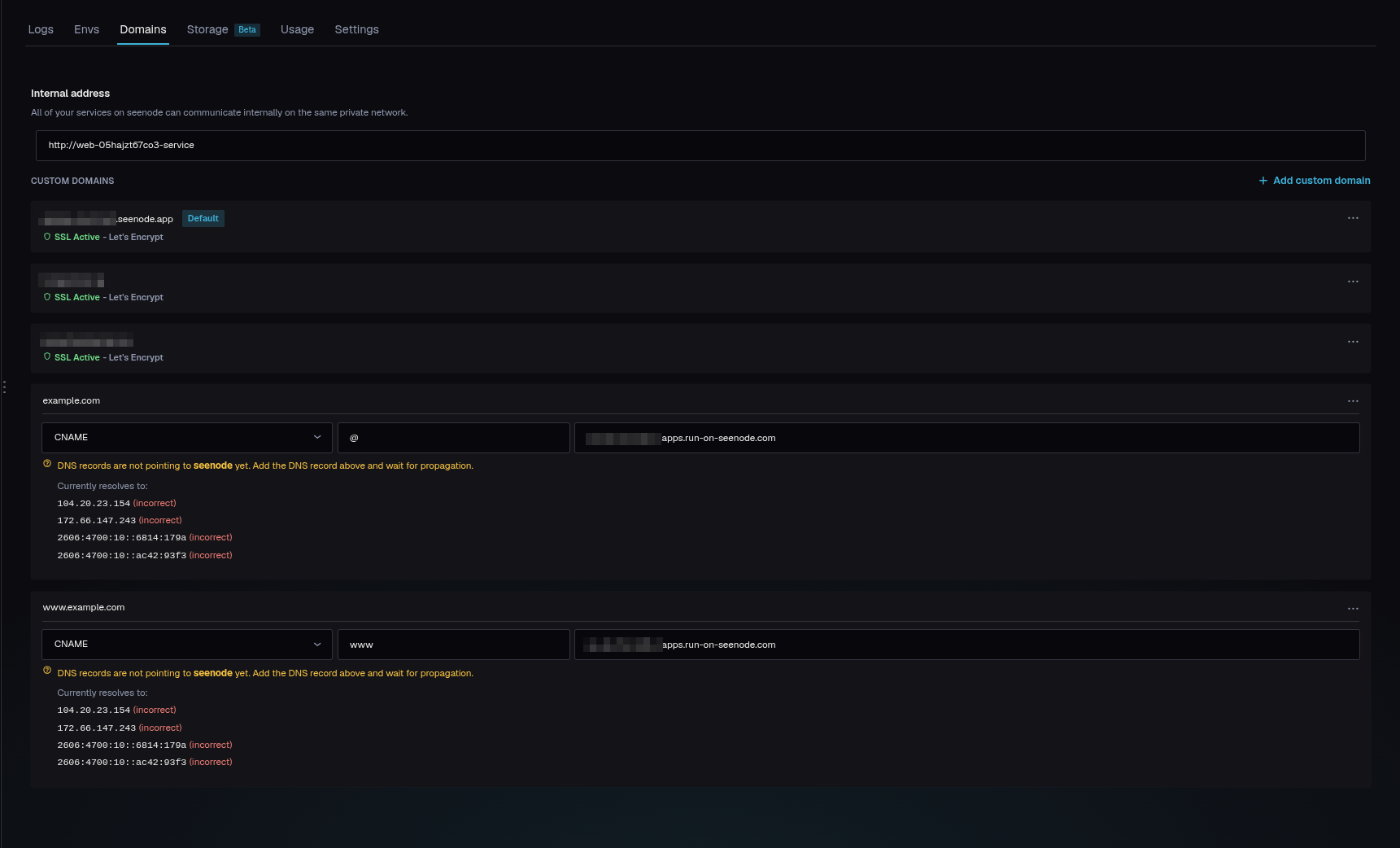 The Domains tab showing SSL Active custom domains and the internal service address