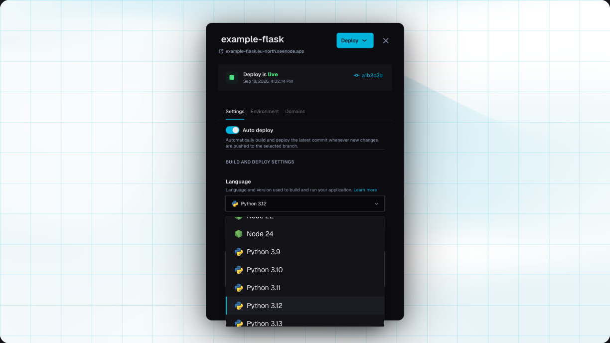 The Language field in service Settings, with the version list open
