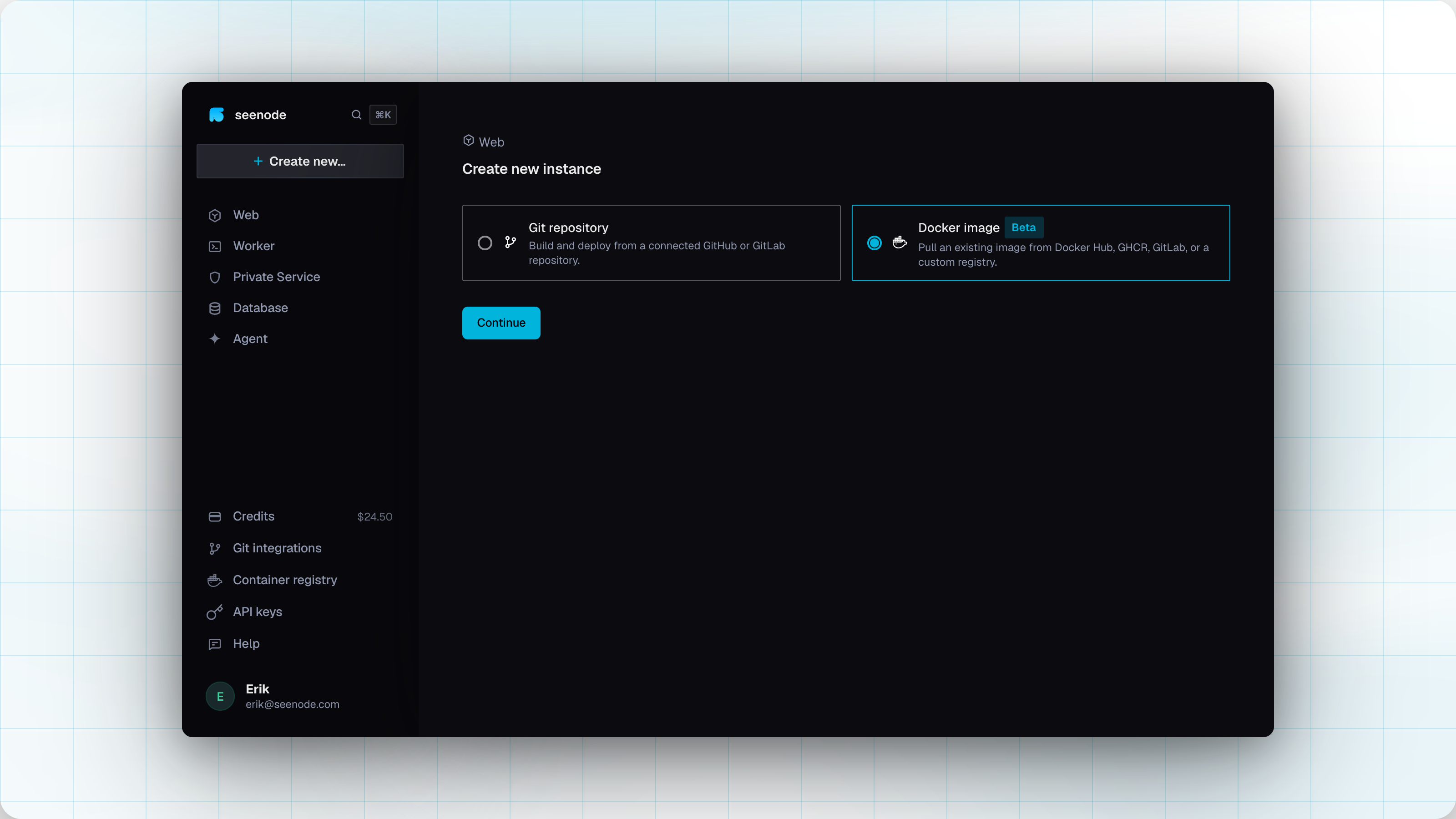 Create application source choice with Docker image selected
