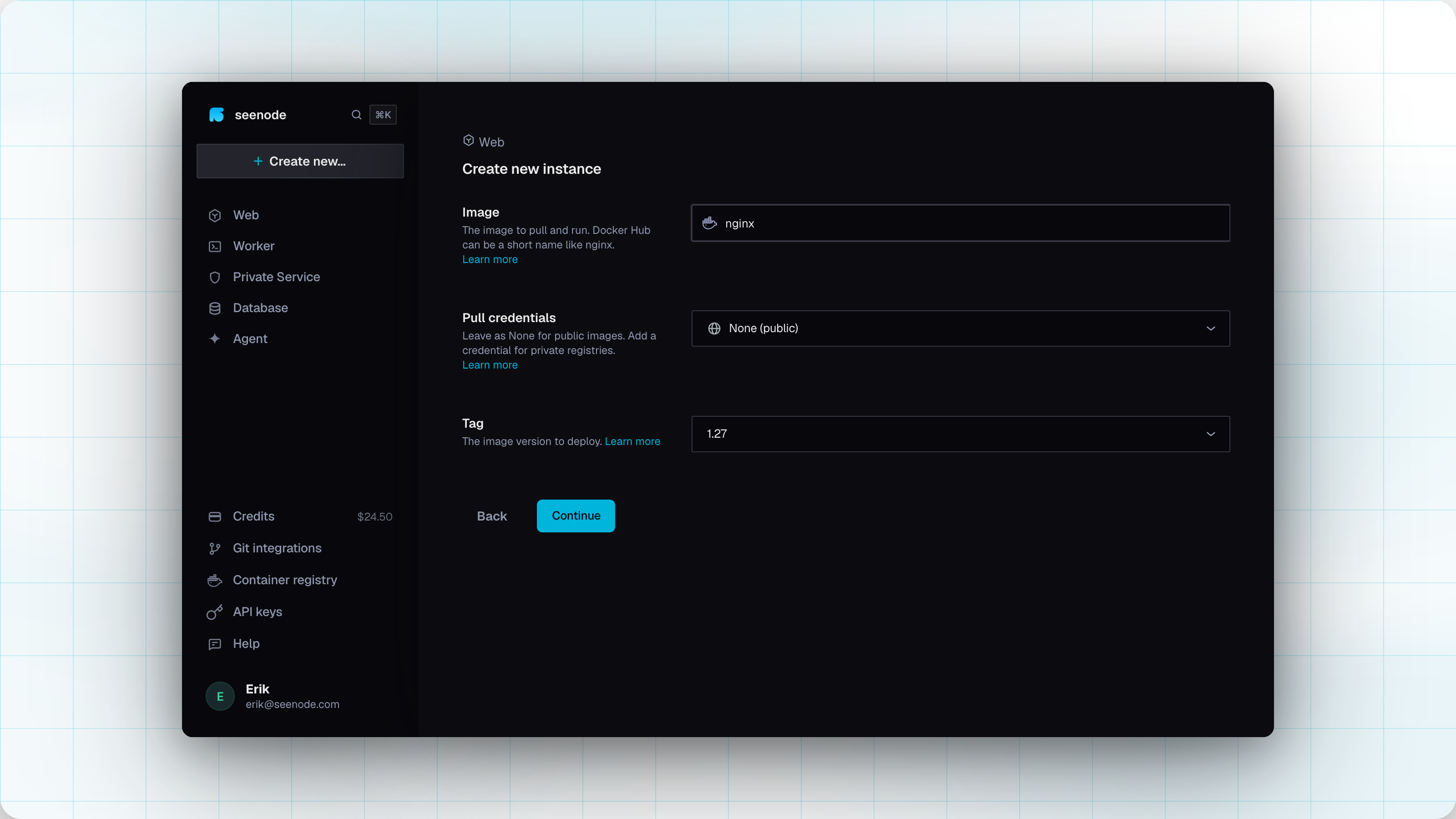 Image source step with image name, credentials, and tag