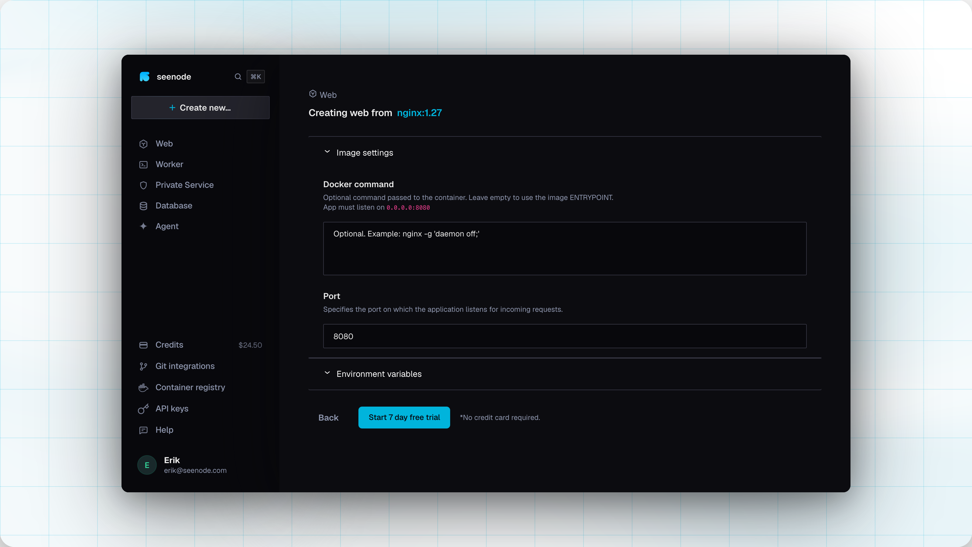 Image setup with Docker command, port, and environment variables
