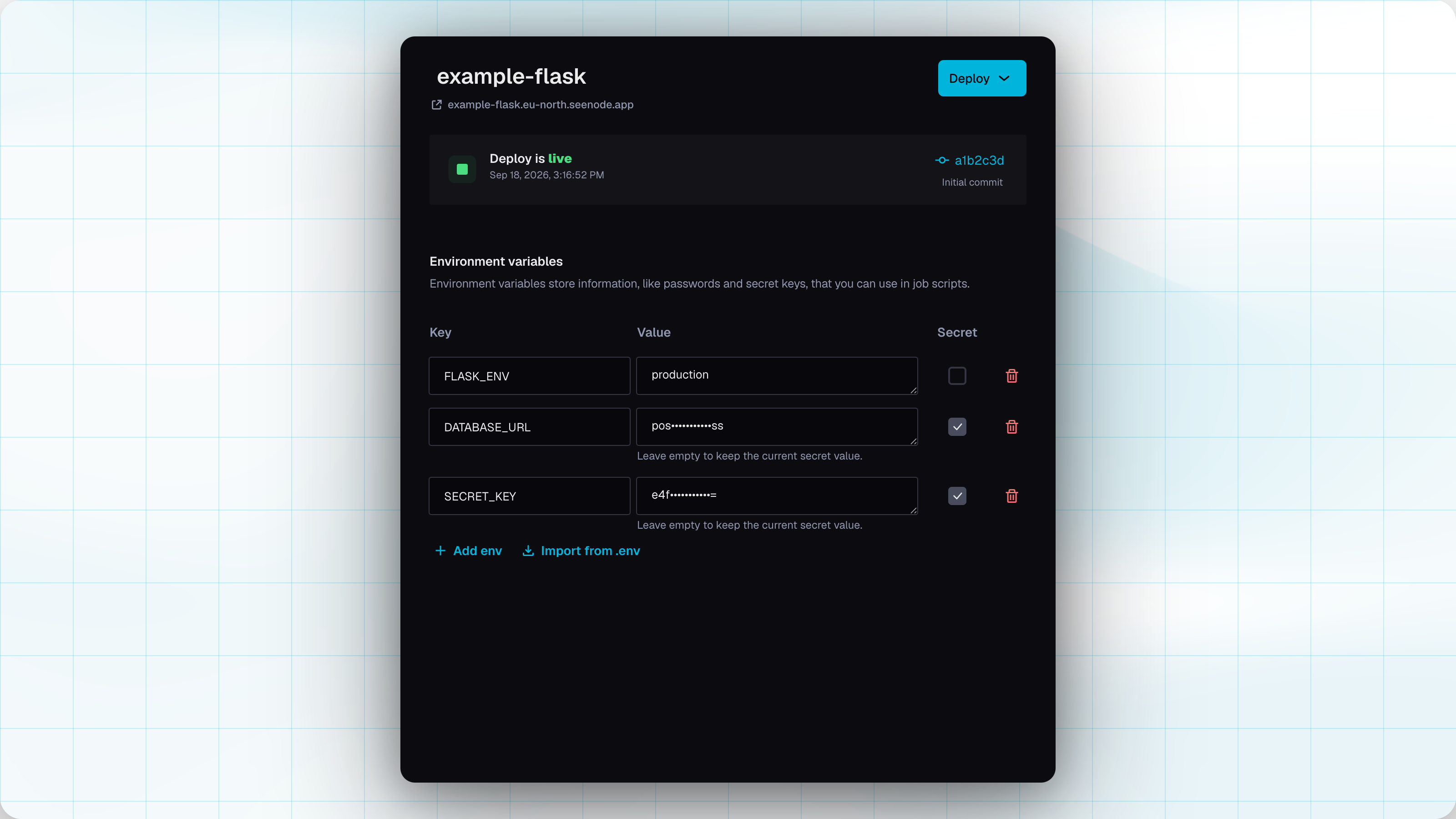 Environment variables table with Secret checkboxes and Import from .env