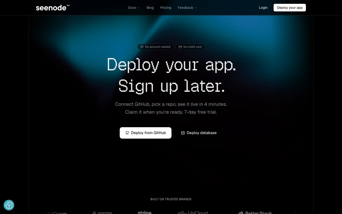 seenode homepage showing deploy-from-GitHub messaging