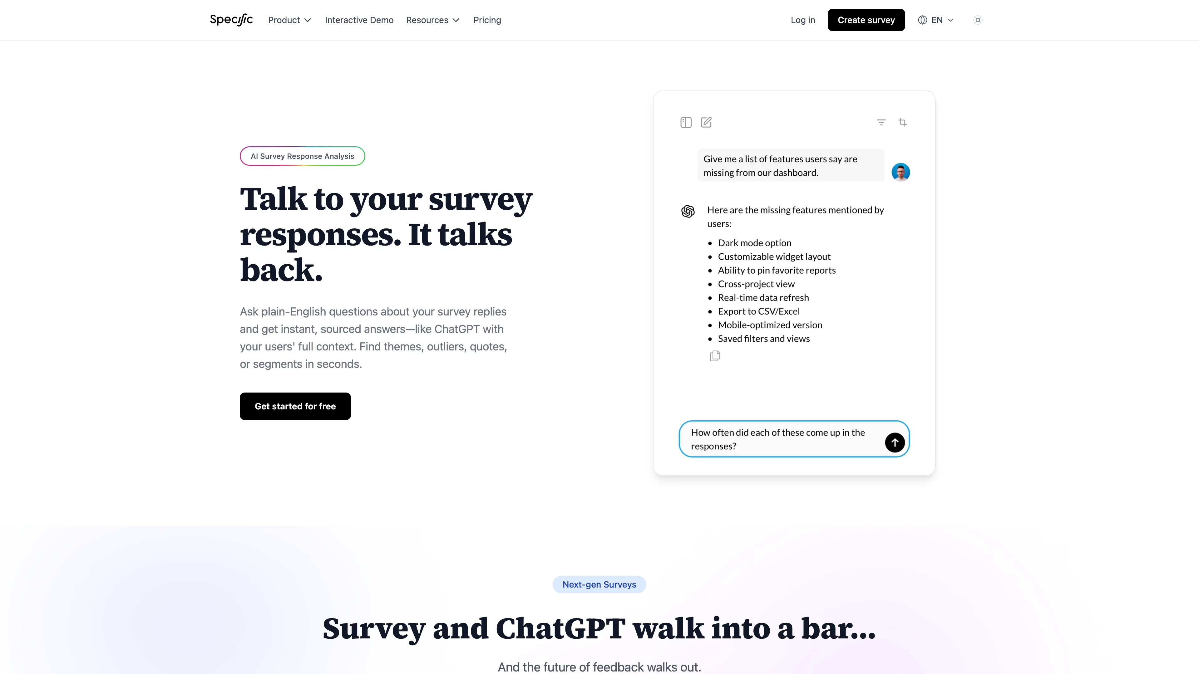 Chat with survey results in Specific's AI analysis interface