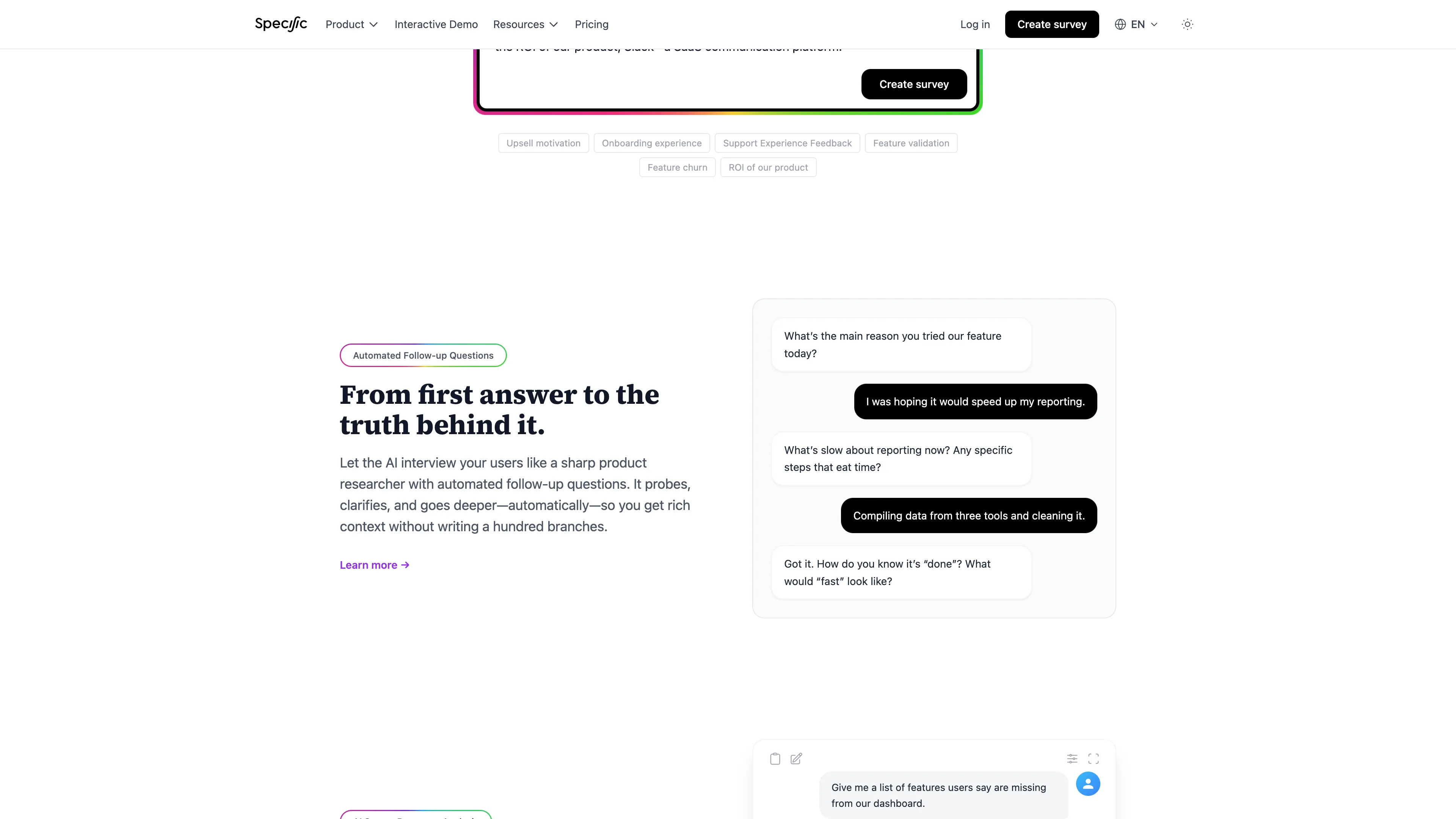 Automated follow-up questions in a Specific in-product survey