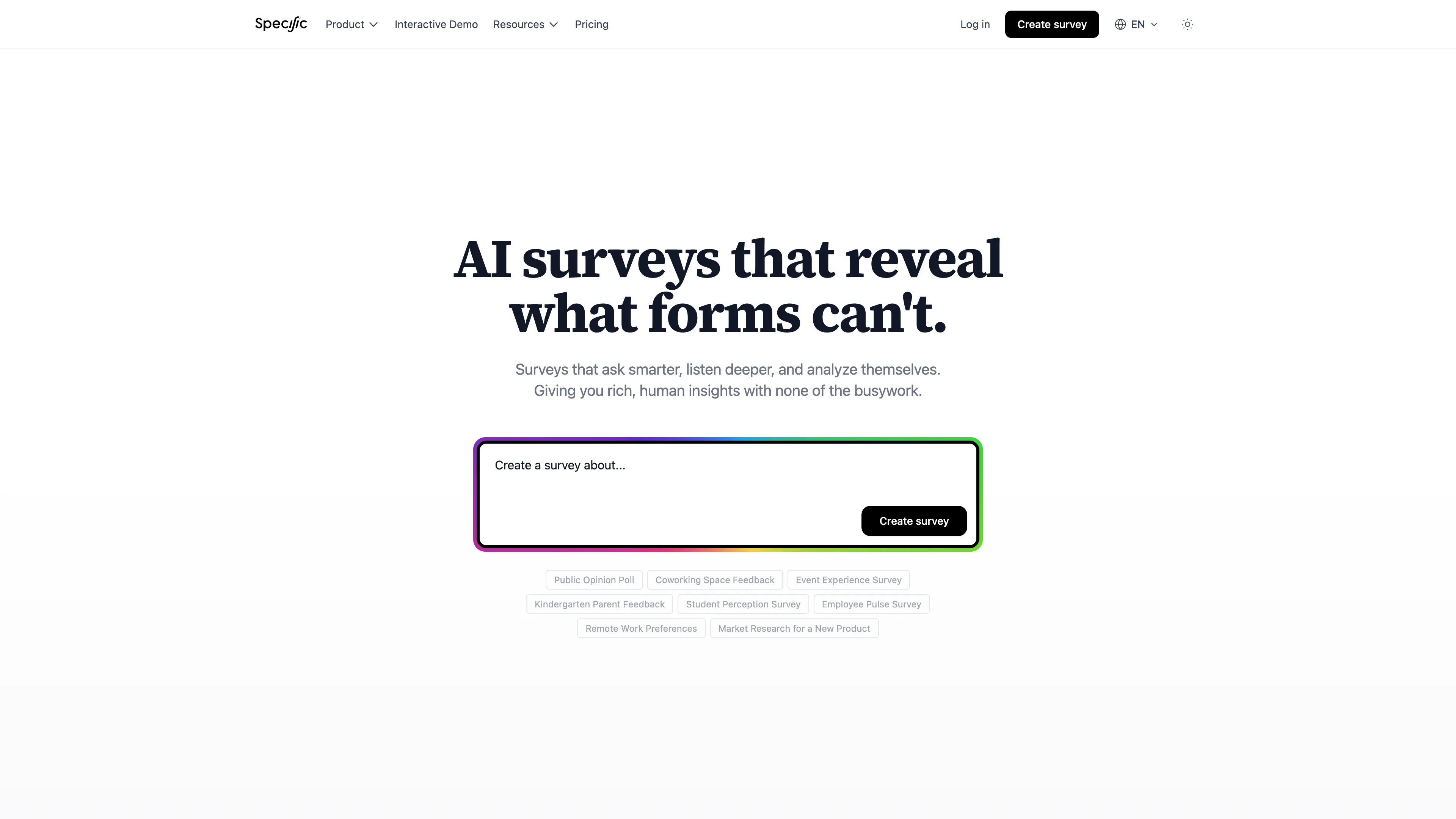 Specific AI survey builder on the homepage