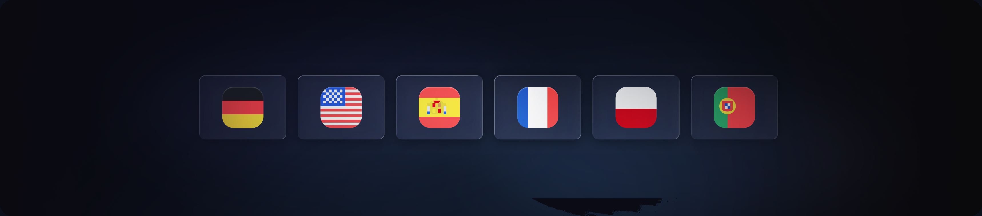 Flag icons for German, English, Spanish, French, Polish, and Portuguese