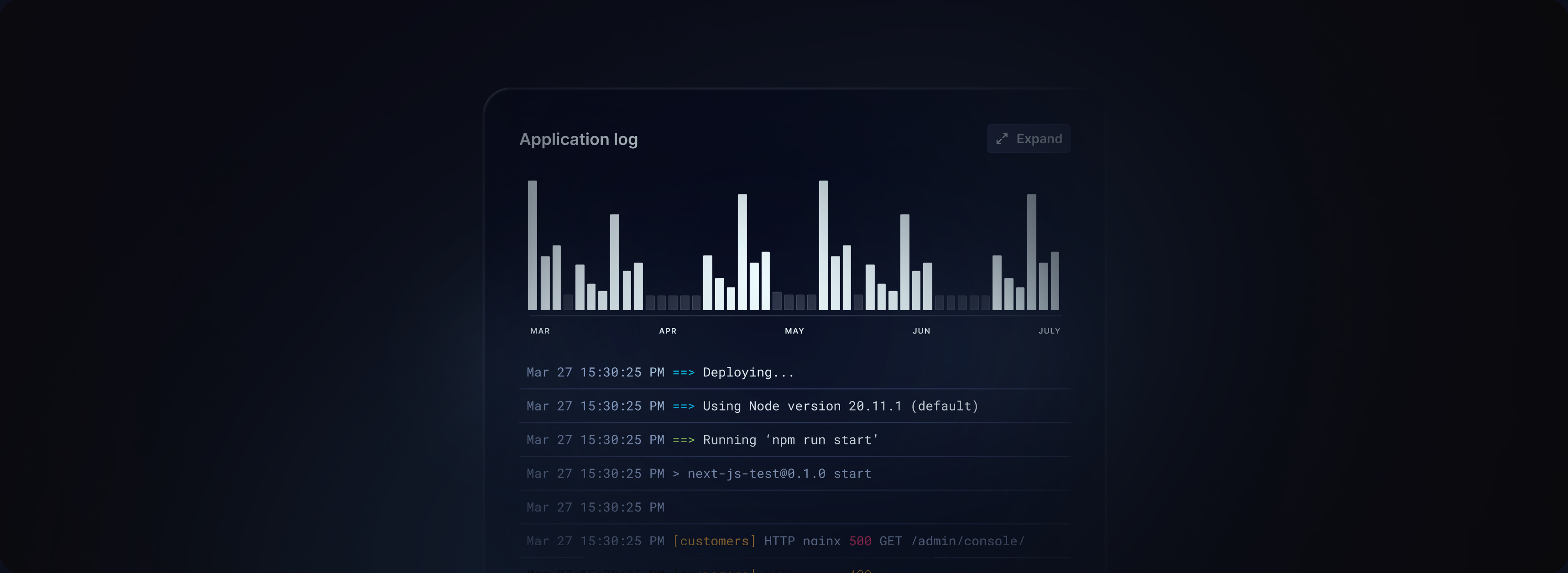 Application log view with volume histogram and deploy log entries