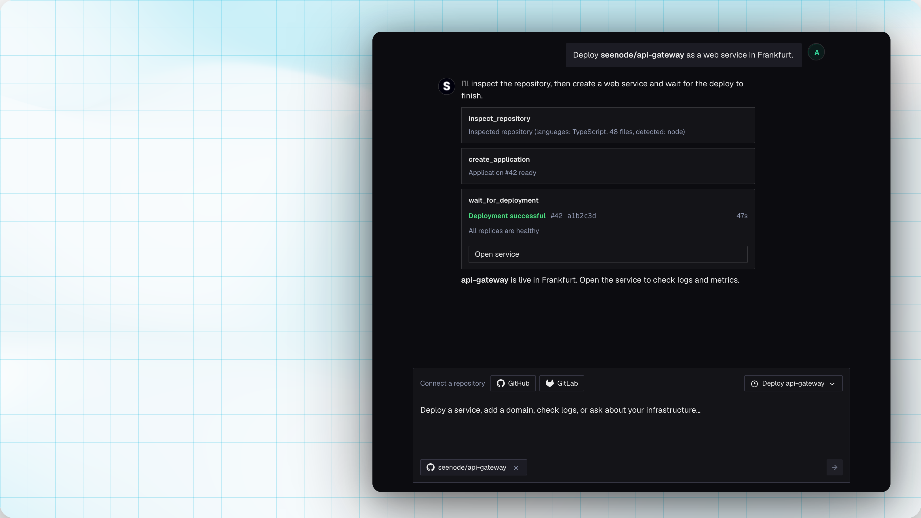 Deploy Agent creating a web service from seenode/api-gateway and waiting until the deploy succeeds