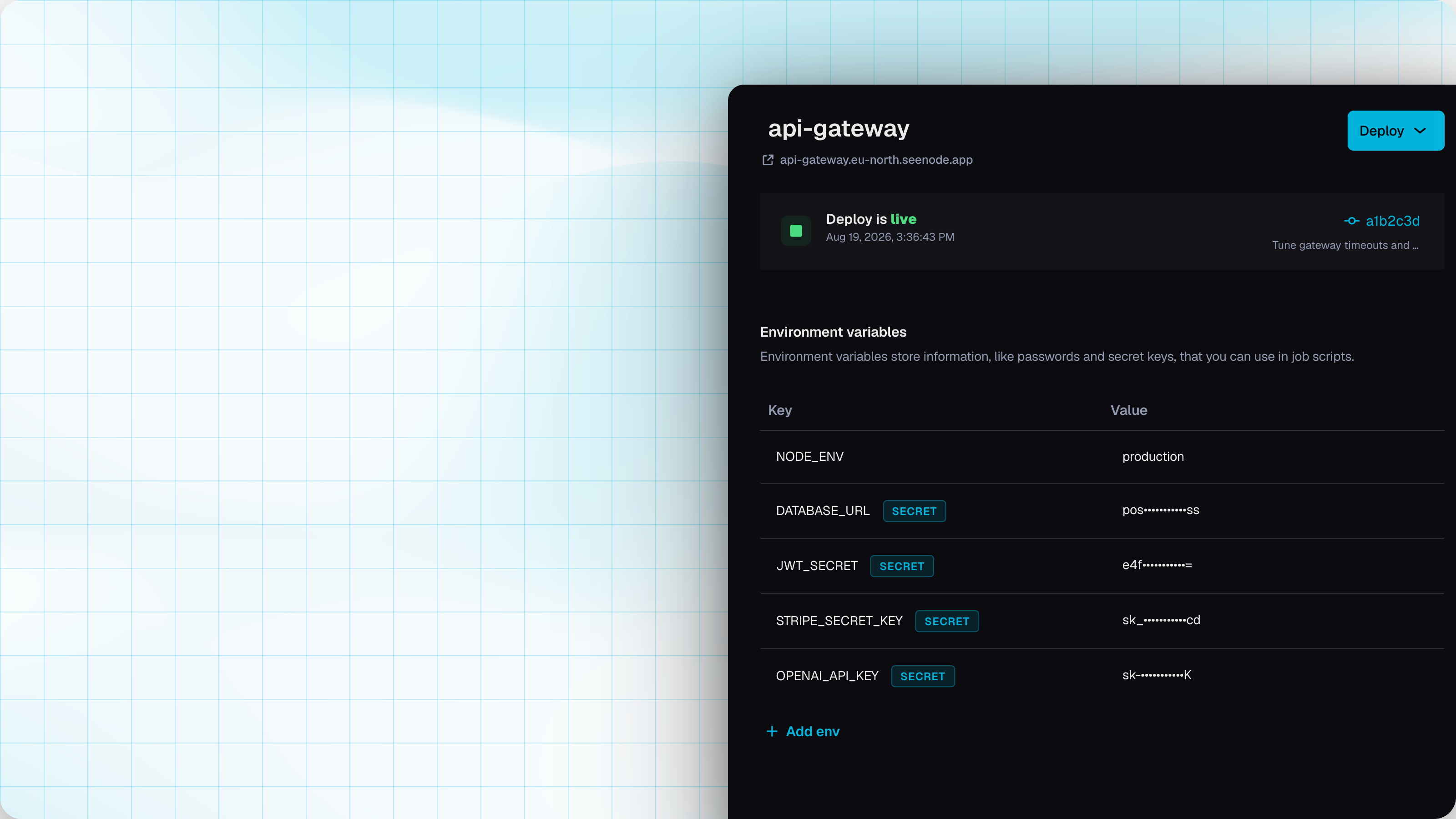 Environment variables with DATABASE_URL, JWT_SECRET, and API keys marked Secret
