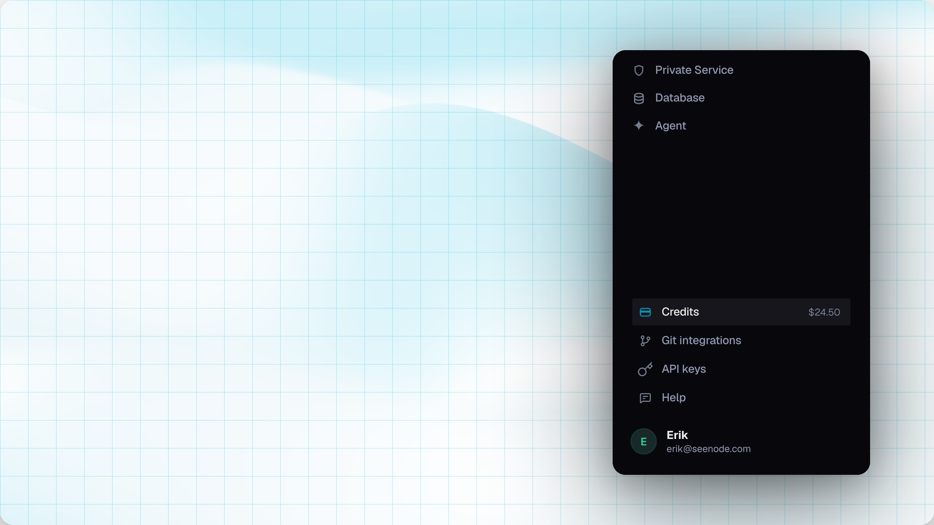 Sidebar footer with Credits, Git integrations, and API keys